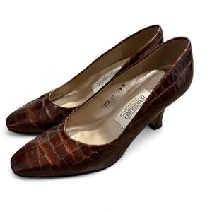 Bandolino Heels Brown 7.5 M Croc Embossed Pointed Toe Pumps Work Office Vintage